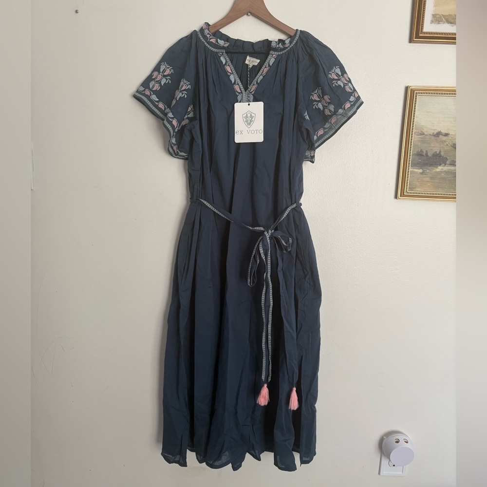 EX VOTO Cotton Bri Dress Embroidered Stargazer Blue Relaxed Resort XS/S NWT CA